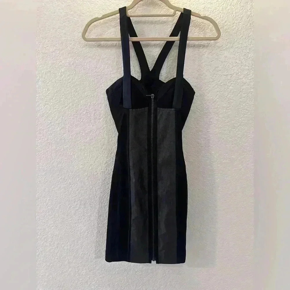 Bebe Black Mini Dress Mesh Panels & Adjustable Straps Size 0 Elegant Eveningwear